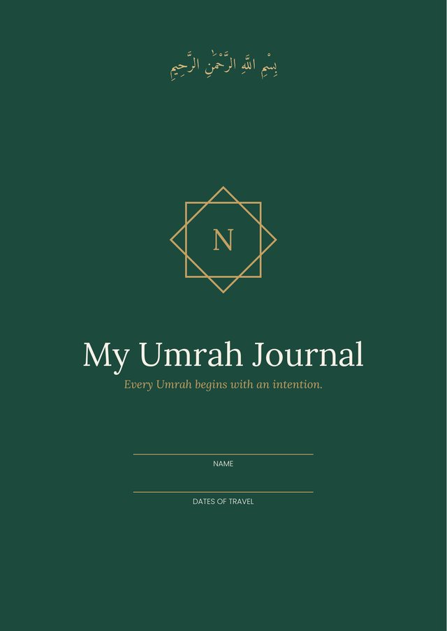 The cover of My Umrah Journal, gold on Niyyah green